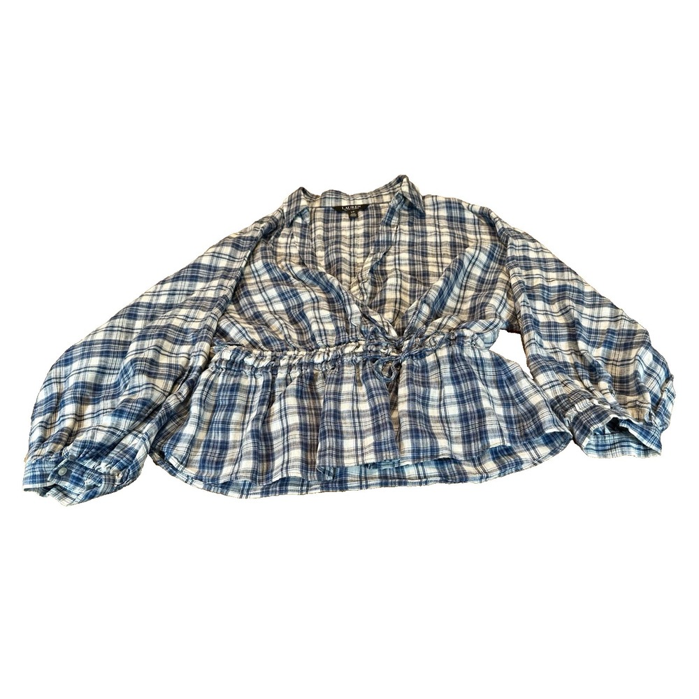 Lauren Ralph Lauren Blouse Black Label Blue Plaid Ruffle Linen Womens Size‎ L